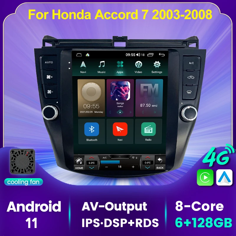 Автомобильный мультимедийный плеер Tesla Style Android 11 6 + 128G для Honda Accord 7 2003 2008 GPS