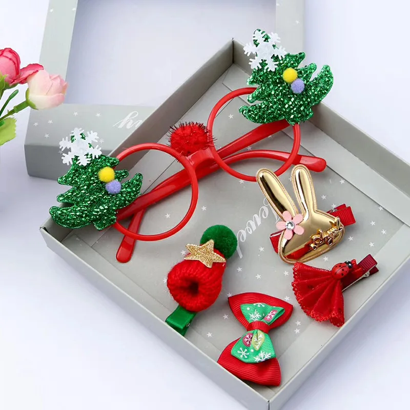 

New Creative Children's Christmas Headdress Trend Personality Glasses Frame Hair Clip Apron Band Set Hairpin Accessories