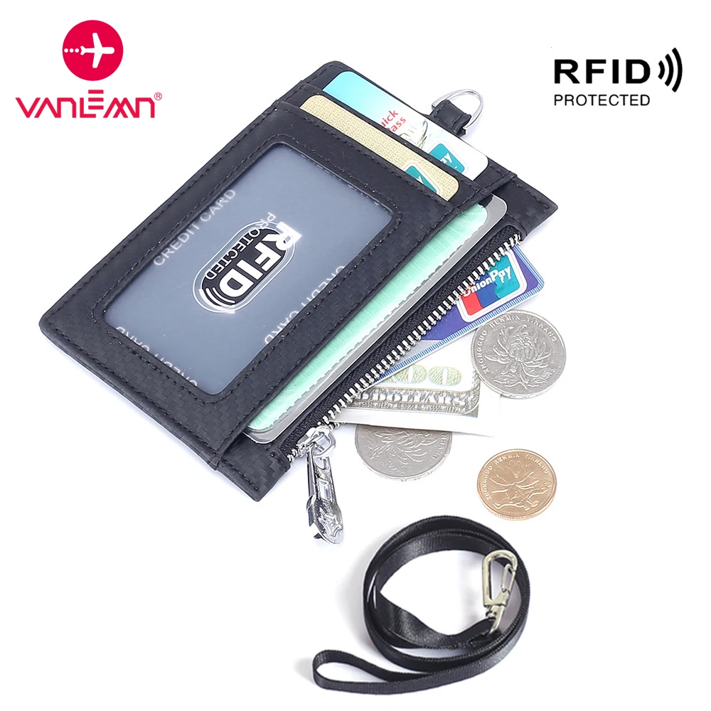 

Genuine Leather RFID Lanyard Id Card Holder Blocking Card Cover For Chest Hangtag Work Student Card Holder Men Women Coin Wallet