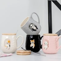 3d kawaii cat cup dog rabbit panda animal shape coffee mug with lid spoon 430ml creative ceramic milk juice tea drinkware