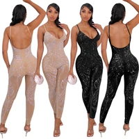 sexy sheer mesh transparent diamonds skinny jumpsuit for women spaghetti straps backless bodycon one piece night club romper2021