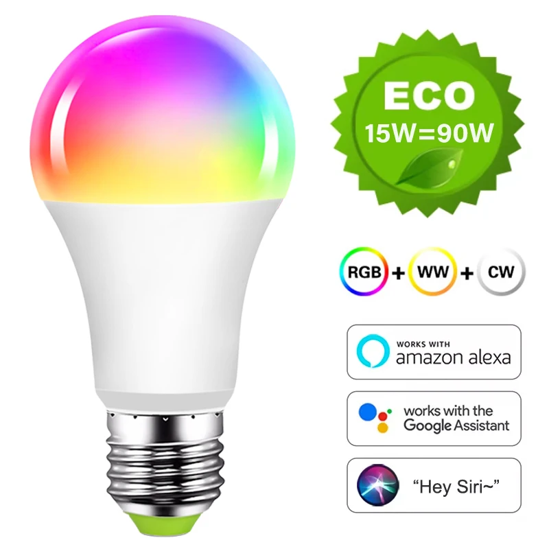 Умная лампа Alexa с голосовым управлением 15 Вт RGB регулируемой яркостью E27 E26 B22
