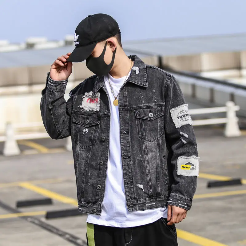 

Spring and Autumn cowboy splices coat male Han edition tide loose handsome Hong Kong wind joker INS big size cowboy jacket male