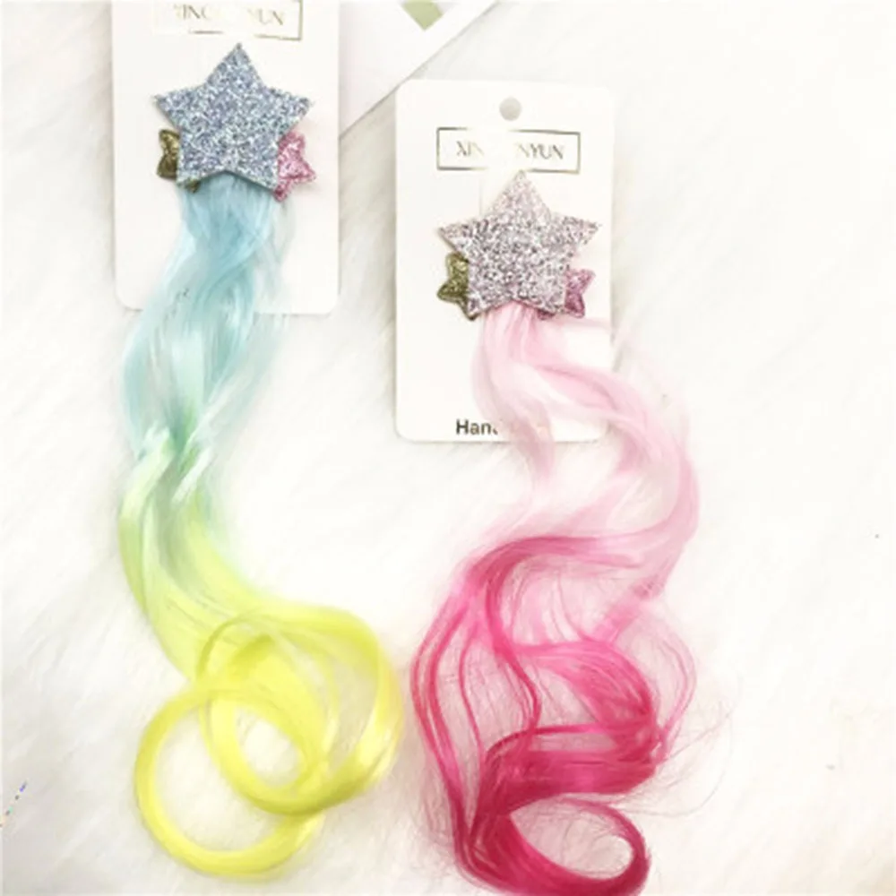 

New Girls Lovely Gradient Colorful Pentagram Hair Wigs Hairpins Princess Hair Ornament Headband Hair Clips Barrettes Kids