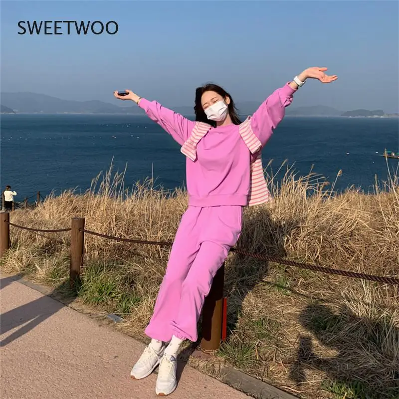 Casual Hoodies and Pants Two Piece for Women Long Sleeve O-Neck Loose Fashion Set Female Korean Chic Free Size