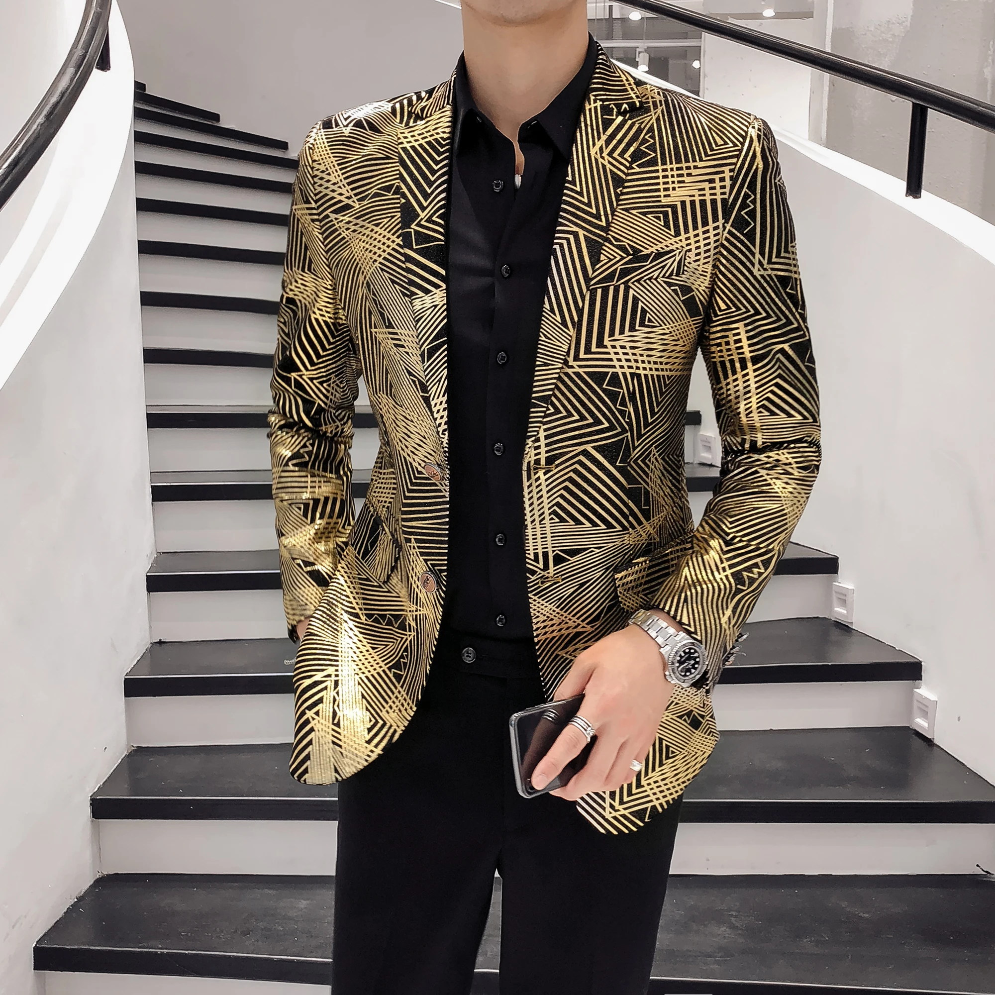 Luxury Gold Geometrical Stripes Print Men Blazer England style Single Breasted slim business fashion high-end men suit jacket
