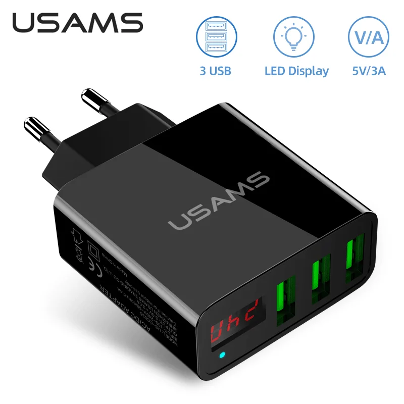 

USAMS 3A 3 Ports Charger EU Plug LED Display Charger Wall Travel USB Charger For iPhone Samsung Xiaomi Huawei IOS Adroid