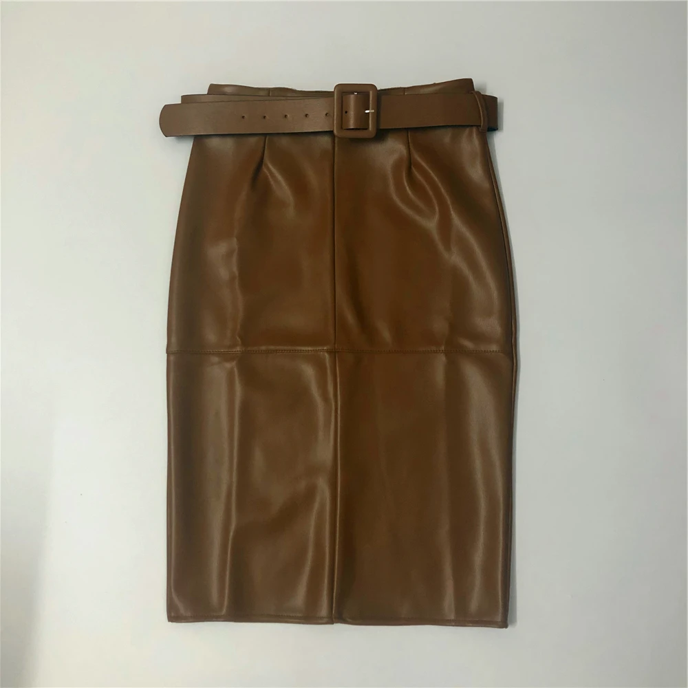 

Women High Waist Sheath Pencil Back Split Skirts PU Leather Wrap Midi Skirts with Belt Autumn Winter 2020 New