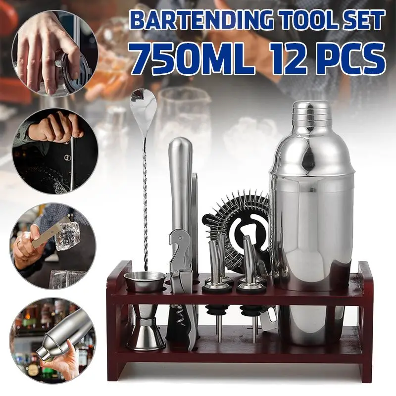 

12Pcs/set 750ml Efficient Stainless Steel Cocktail Shaker Mixer Drink Bartender Browser Kit Bars Set Tools With Wine Rack Stand