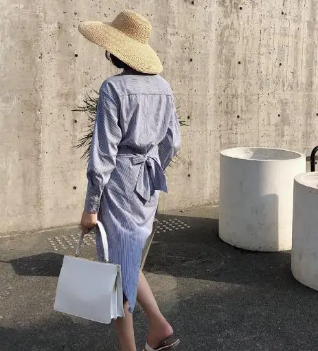 Шикарное длинное платье-рубашка с длинными рукавами в полоску 2019 весенние