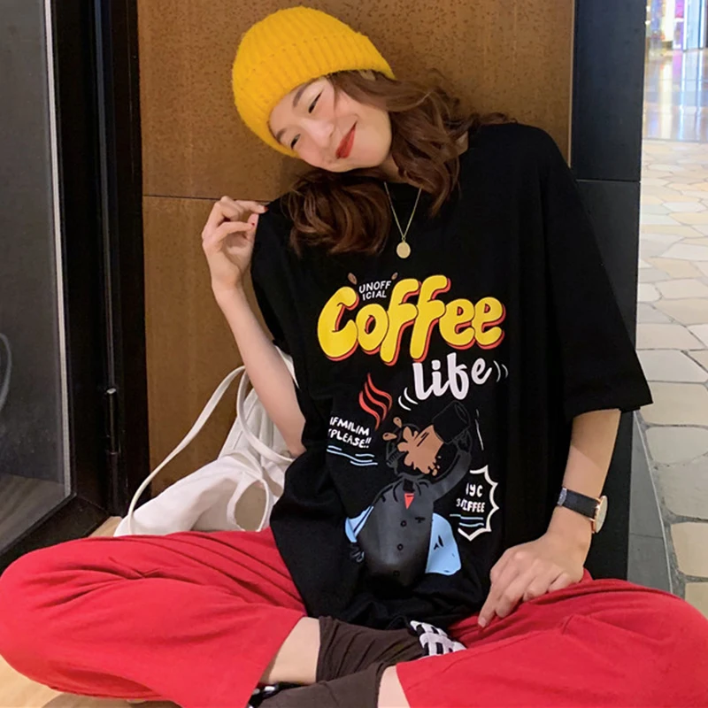 

Cartoon Print Top Tees Women Letter Funny Summer Shirts Casual Cotton O-Neck Loose Short Sleeve Kawaii T-Shirts Streetwear W620