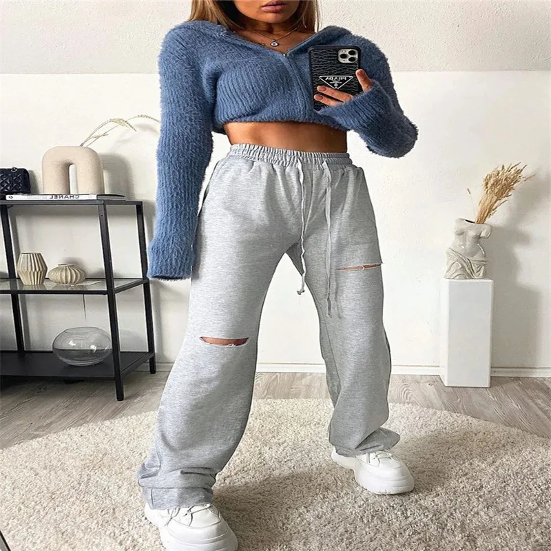 

Women's Pants, Casual High Waist Drawstring Waistband Ripped Trousers for Dating Vacation Travelling Party Shopping
