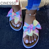 women slippers leopard rainbow color bow tie sandals women open round toe flats beach slides shoes sandal 2021 summer slippers