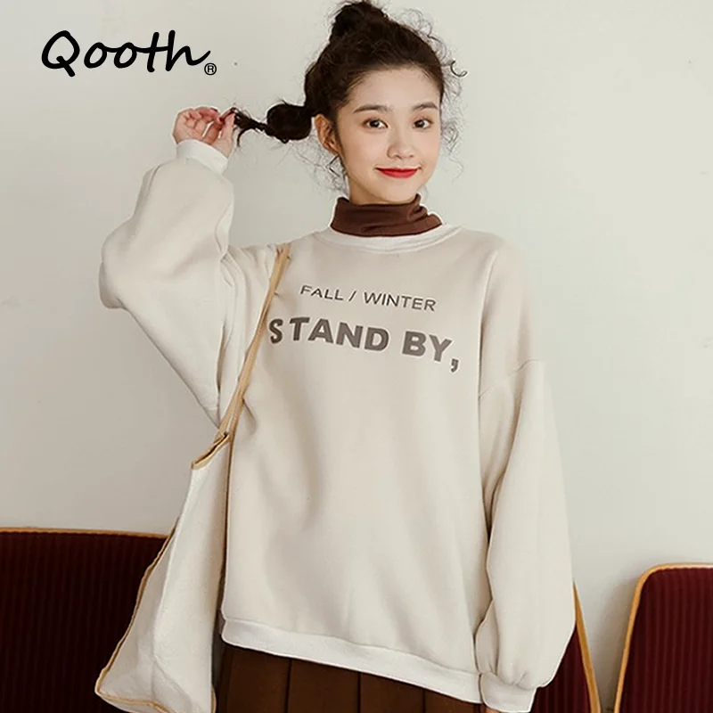 

Qooth Korean Cute Elegant Female Tops Simple Letter Turtleneck Sweater Autumn Winter Fashion Thick Sweater Sweatshirt QT1076