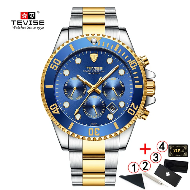 blue gold box TEVISE Diver часы автоматические механические часы спортивные Топ брендовые Роскошные мужские часы мужские наручные часы montre homme - Цвет: blue gold box
