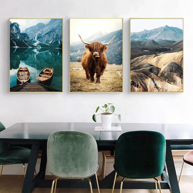 

Животное гор лес корова озеро скандинавский природный пейзаж холст живопись печать постер настенные картины для декора гостиной