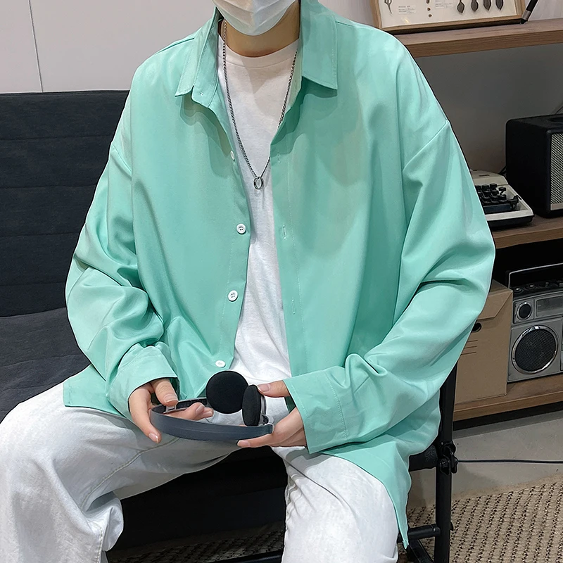 

Рубашка мужская базовая с длинным рукавом, брендовая блуза в Корейском стиле, с воротником в стиле хип-хоп, однотонная одежда в стиле Харадз...