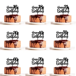 Топпер для торта С Днем Рождения украшение для торта, черный Золотой серебристый цвет, акриловый деревянный Топпер для торта, подарок, топпер для торта 10 16 18 21 30 40 50