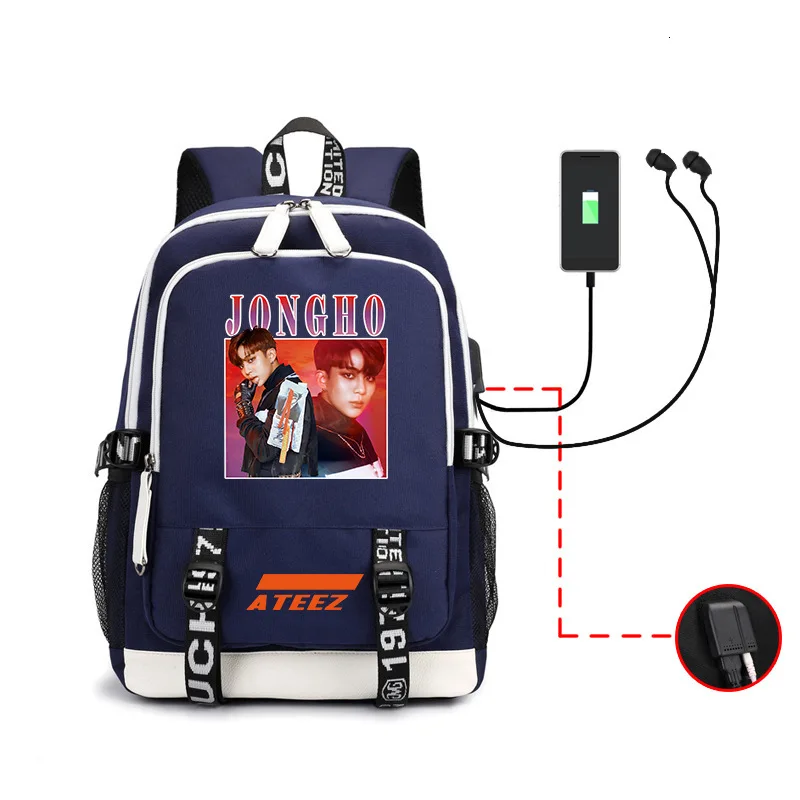 Kpop Ateez рюкзак периферийная сумка мужская и женская сумка на оба плеча Usb гарнитура линия компьютерная упаковка - Цвет: Blue -jongho