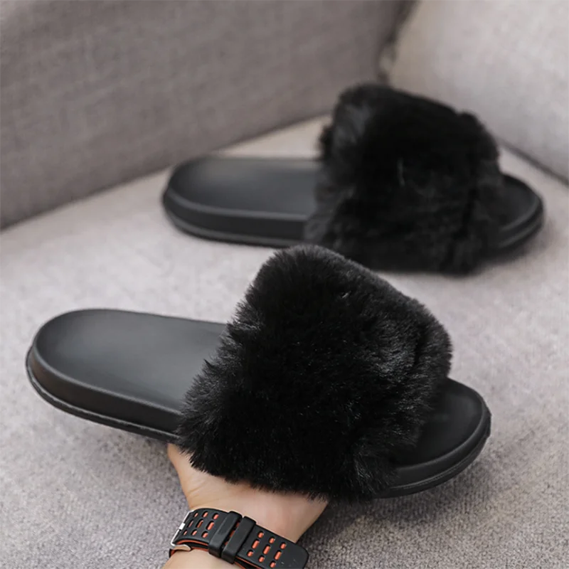 

Warm Fluffy Slippers Female Non-slip Women Plush Bedroom Slippers Women Shoes 2020 Home Slide Female Plush Footwear Ladies Shoes