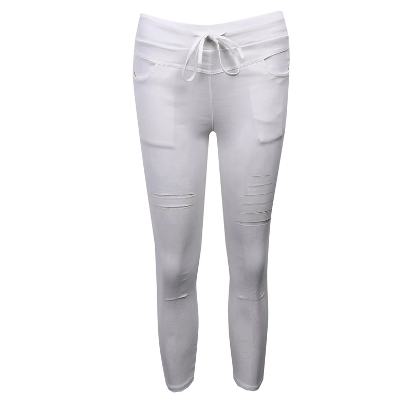 

Skinny Holes Jeans Women Denim Knee Pencil Pants Leggings Trousers Black White Stretch Trousers Plus Size Streetwear