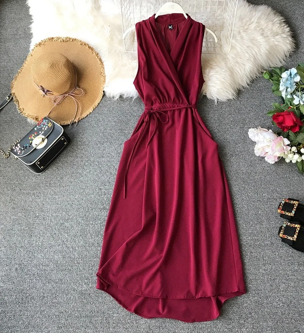 

Women's Casual Dress Sleeveless Summer New Korean Version Chiffon Slim V-neck Solid Color Office Lady Mid-Calf A-LINE Natural