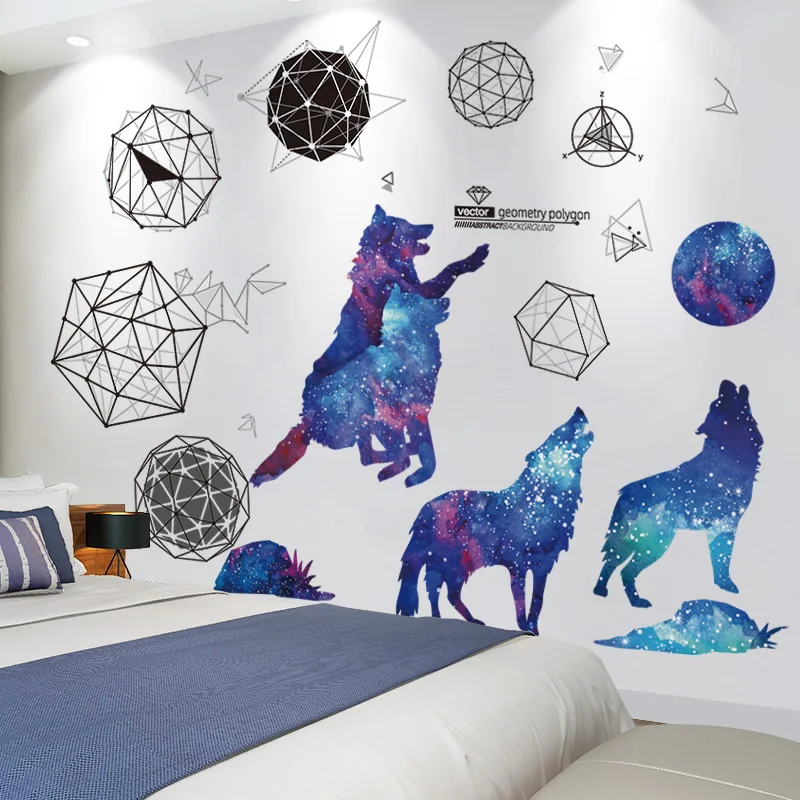 

[shijuekongjian] Moon Wolf Animals Wall Stickers DIY Geometric Patterns Mural Decals for Kids Rooms Nursery Home Decoration