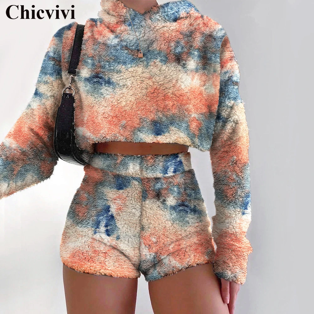 

Women Tie Dye Leaopard Long Sleeve Top & Elastic Waist Short Shorts Women 2 Pieces Set Casual Hip Hop Women Sets