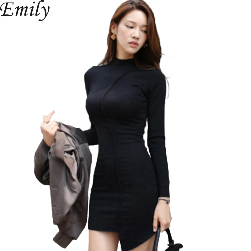 Осеннее платье с длинным рукавом и воротником стойкой однотонное Черное женское