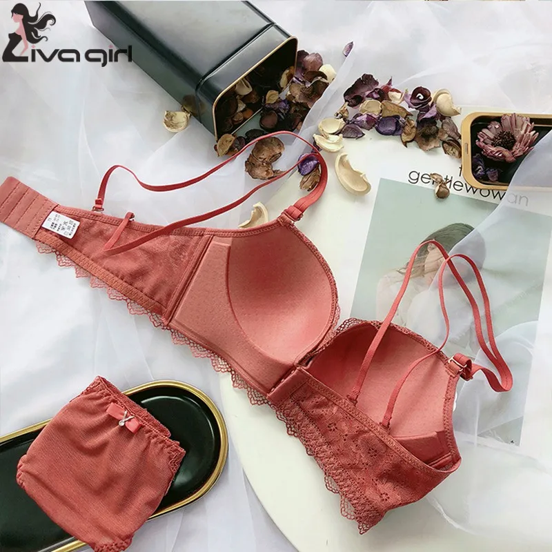 

Sexy Lace 3/4 Cup Bra Sets For Women Deep V Wire Free Thin Breathable Push Up Seamless Underwear Solid Color Lingerie Set