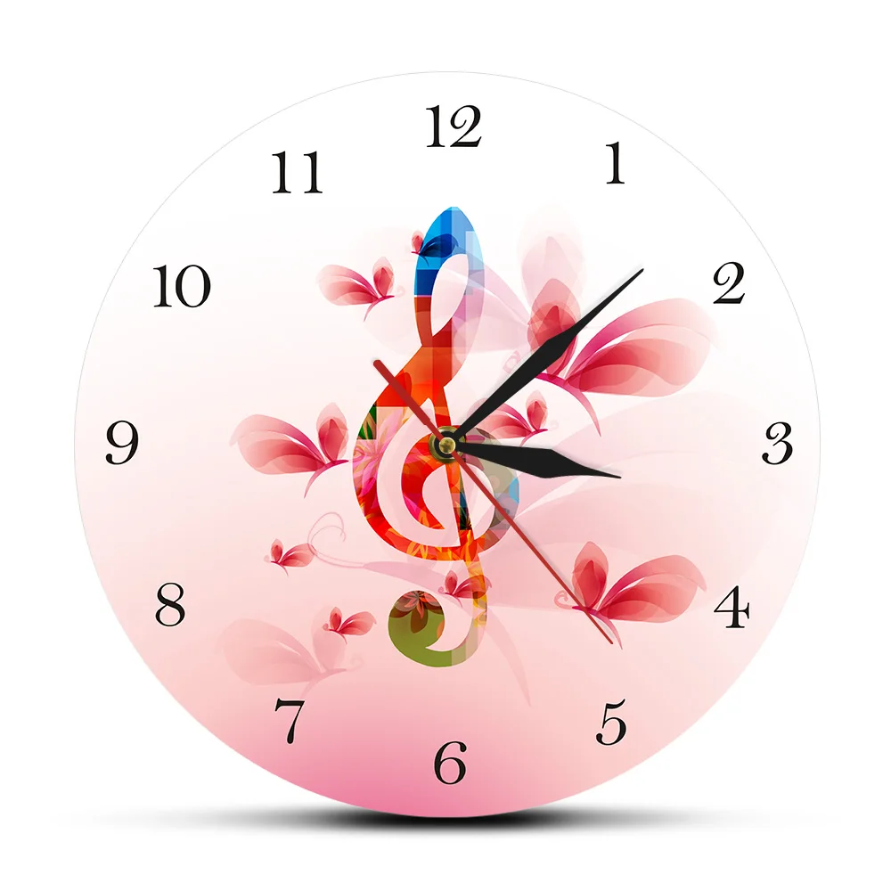 Colorful Music Note with Butterflies Floral Wall Clock Treble Clef Musical Printed Round Studio Art | Дом и сад