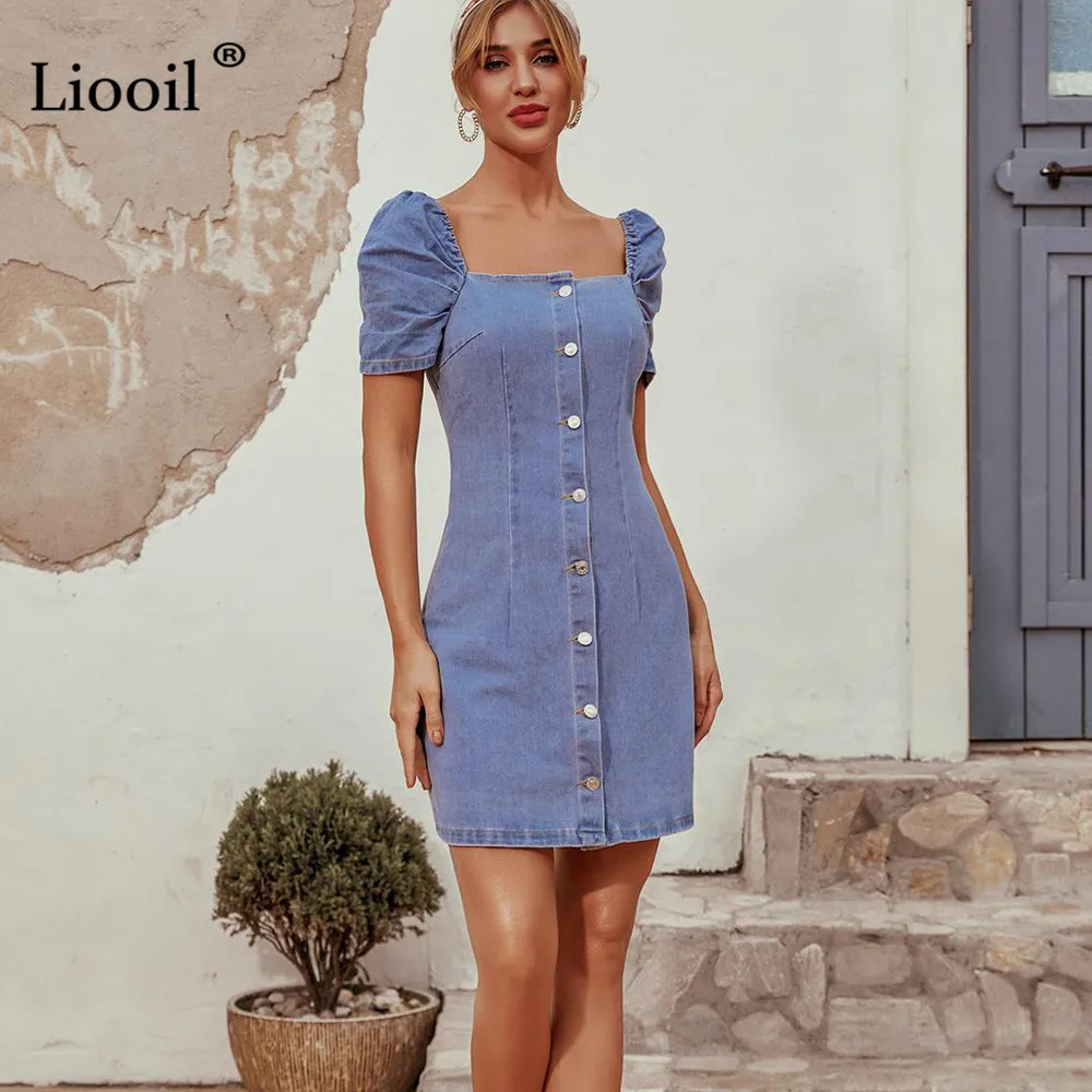 

Liooil Sexy Blue Denim Midi Dress Women 2020 Puff Sleeve Short Sleeve Button Up Square Collar Womens Summer Jean Dresses