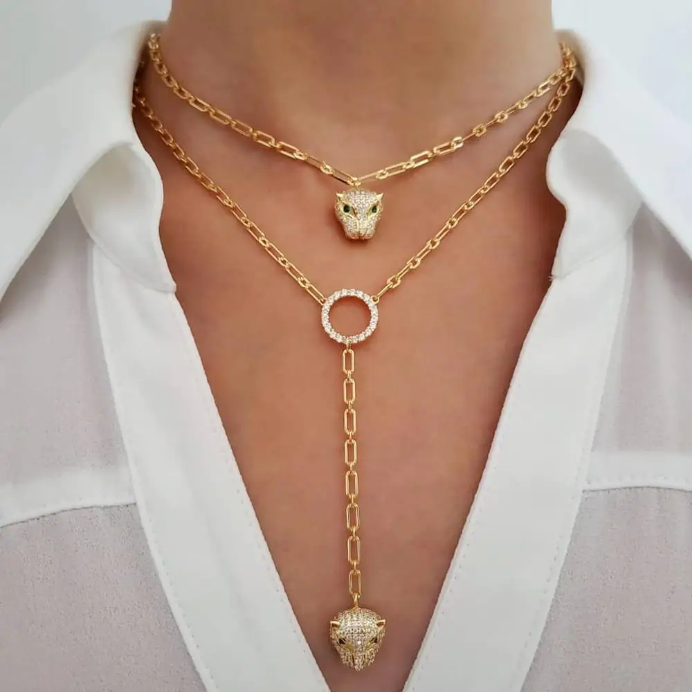 european fashion women jewelry cool animal leopard jaguar pendant choker Y lariat long lady necklace
