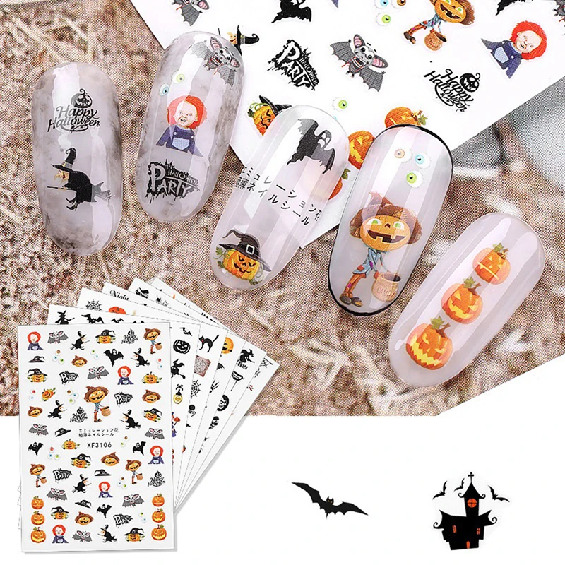 1 лист 3D Хэллоуин серии паук веб Черный кот летучая мышь Тыква дизайн лица клейкие