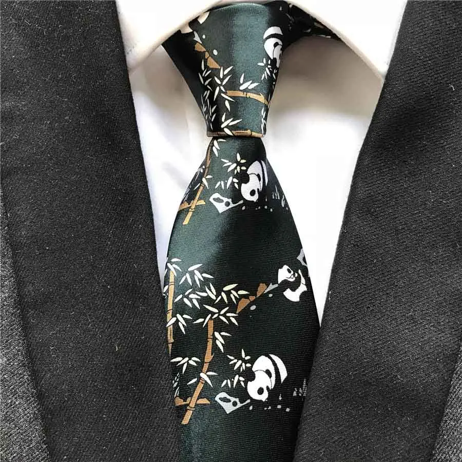 

New Designer Men's Ties Blackish Green Panada Print Necktie for Men Wedding Party