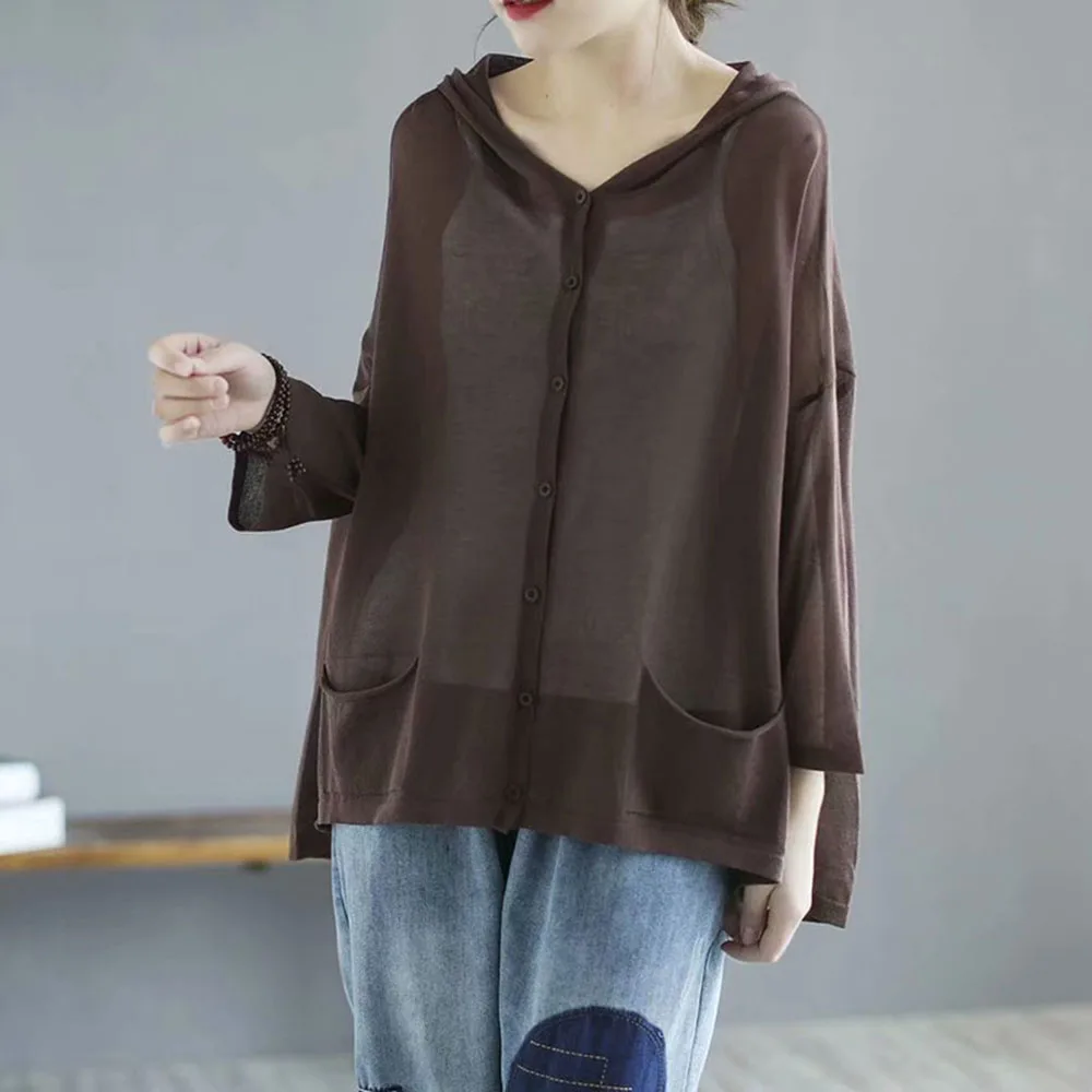 

Women Korean Long Sleeve Cardigan Summer Cropped Cardigan Hooded Knitted V Neck Thin Ice Silk Sweaters Sunscreen Shirt Tops