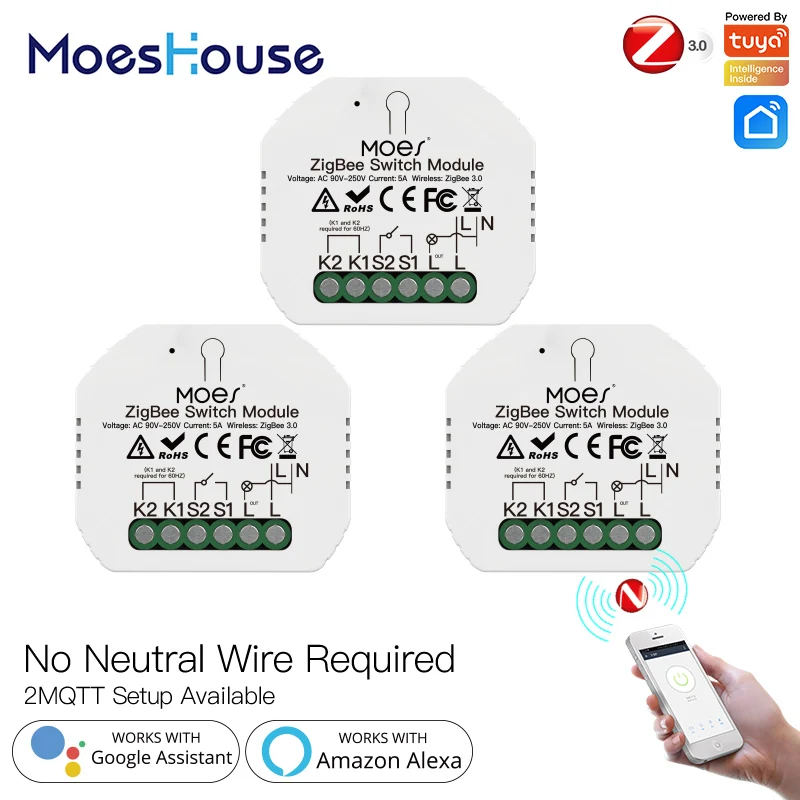 

MoesHouse Tuya ZigBee Smart Light Switch Module No Neutral Wire Single Fire Smart Life App Control Works with Alexa Google Home