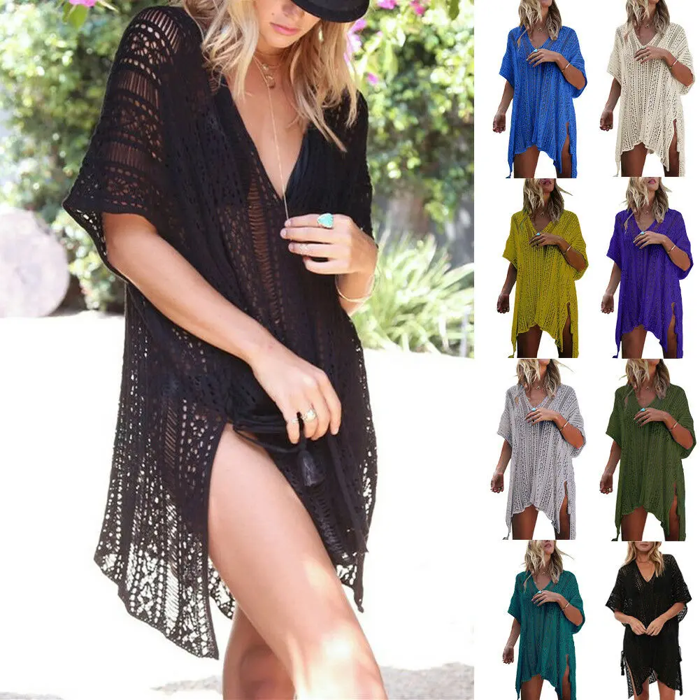 

Women Sexy Hollow Out Crochet Knit Bikini Cover-Ups Dress Swimwear Beachwear Lady Summer Casual Solid Loose Sundress