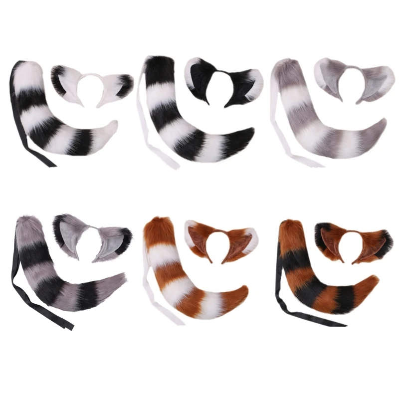 2 Pcs Realistic Furry Cat Ears Headband Tail Set Contrast Color Fluffy Plush Striped Animal Cosplay Costume Accessories | Тематическая