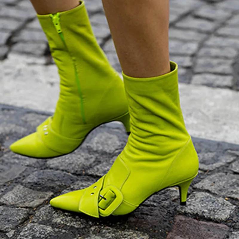 Осенние ботильоны неонового и зеленого цвета женские эластичные мотоботы из