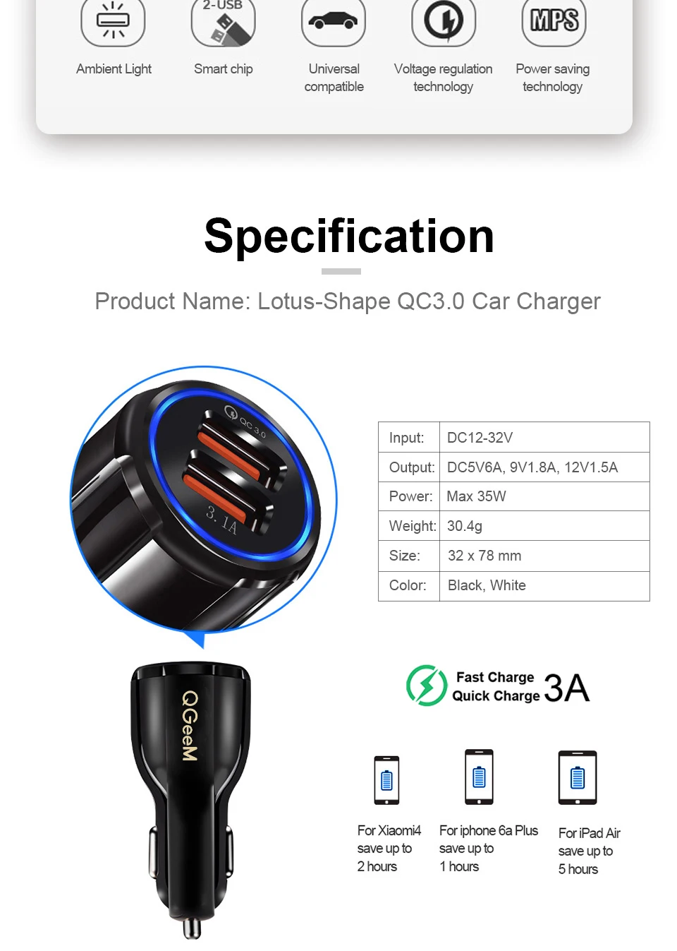 Автомобильное зарядное устройство QGEEM Dual USB QC 3,0, быстрая зарядка 3,0, автомобильное зарядное устройство, 2 порта, USB портативное зарядное устройство для iPhone Xiaomi