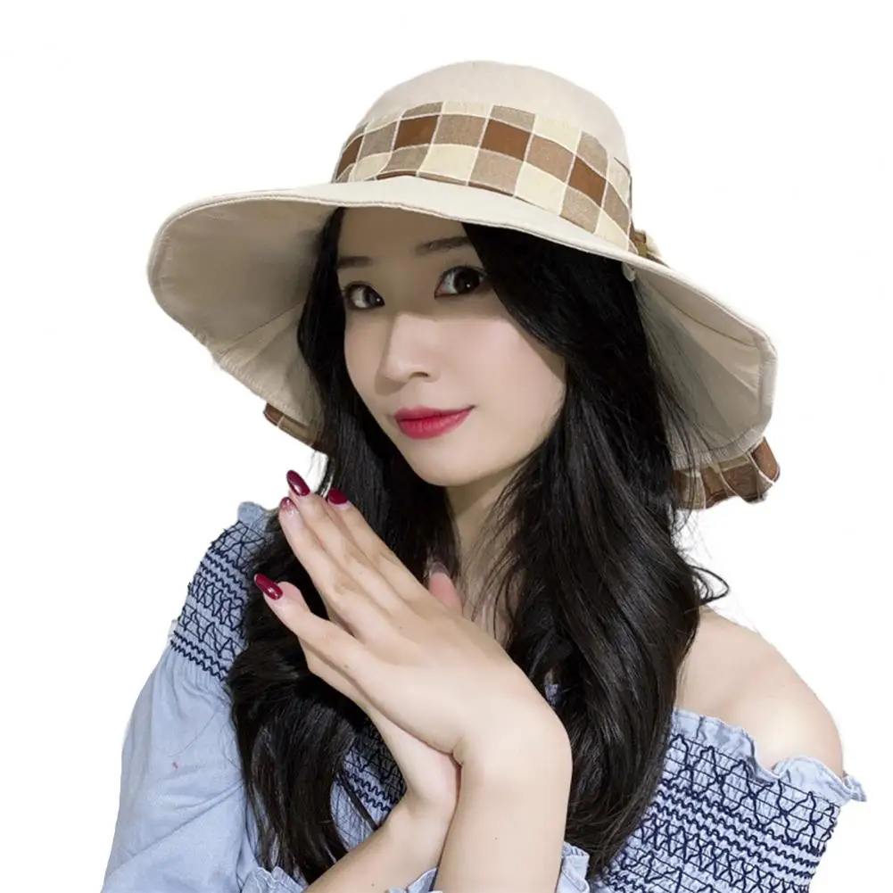 

Casual UV Protection Double Side Plaid Bow Superlarge Brim Foldable Bucket Hat Sun Hat Sweat Absorbing for Outdoor
