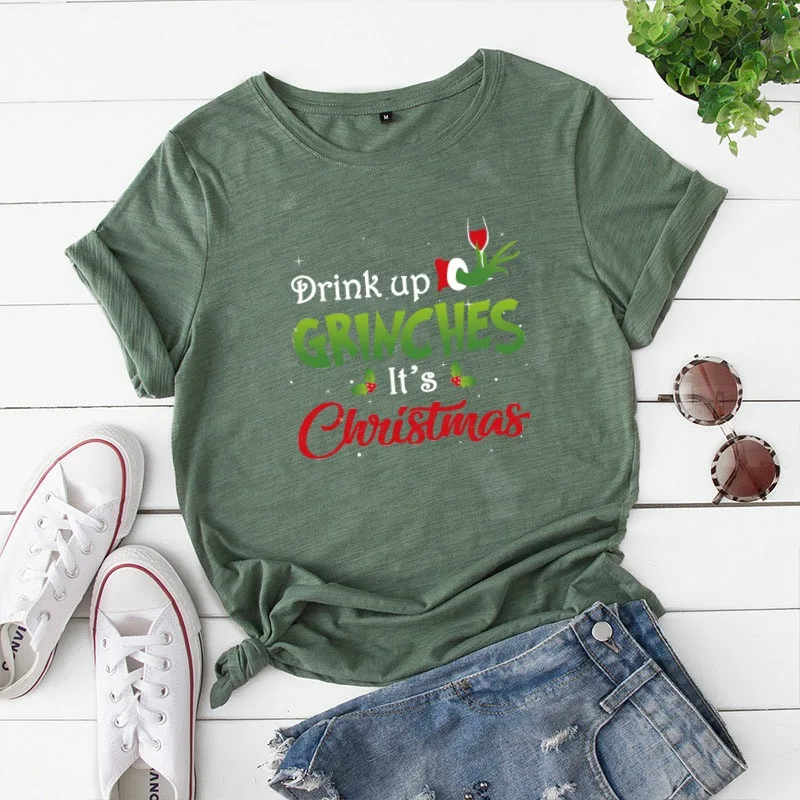 

Drink Up Grinches Short Sleeve T-shirt Letter Printed Christmas Holiday Festive Cute Men Women Tops FS99