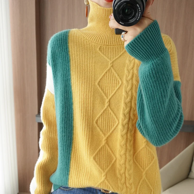 Large Size Loose Wool Sweater Women 2021 Autumn and Winter New Fashion Color Matching High Neck Pullover Twist Thick Knitted Top