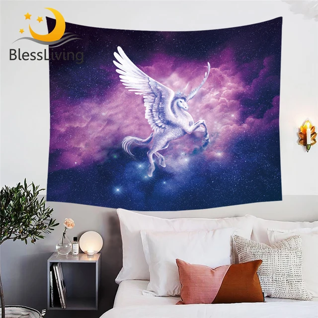 BlessLiving Unicorn Tapestry Flying Horse With Wings Wall Hanging Psychedelic Space Nebula Pink tapisserie Wall Carpet Sheet 1