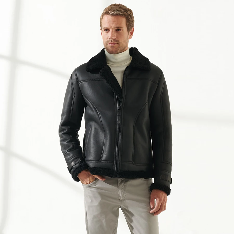 

Men Casual Black Shearling Jacket Real Sheepskin Coat Winter Fashion Warm Overcoat Bomber Jacket