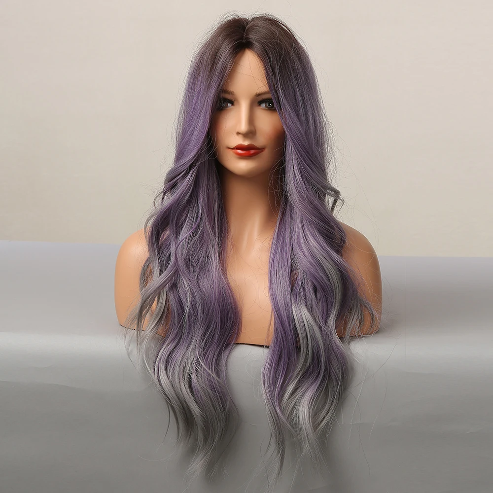EASIHAIR Long Wavy Synthetic Wigs for Women Purple to Ash Grey Ombre Cosplay Wigs Natural Hair Wig Heat Resistant