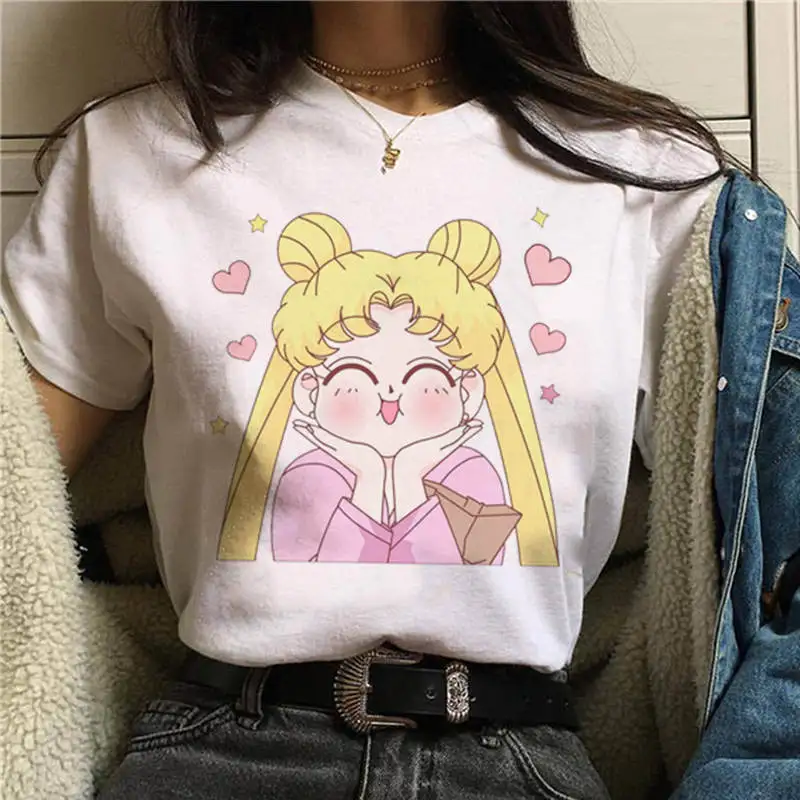 Сейлор Мун Забавный мультфильм Harajuku Femela Топы Ullzang аниме футболка 90s корейский