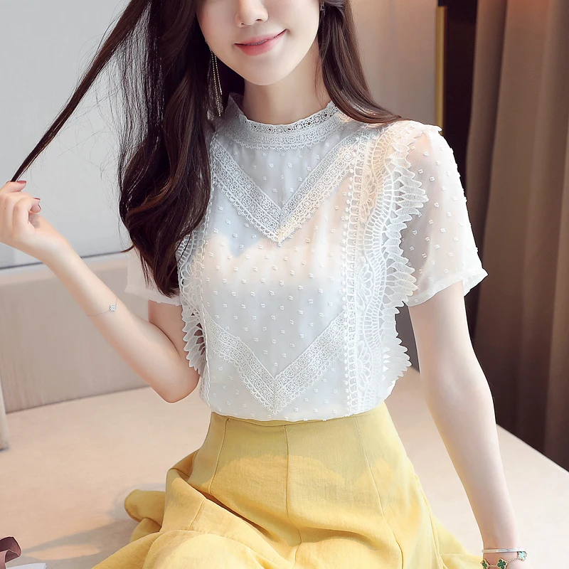 

Chiffon Slim Women's Blouses New Casual Blouse Fashion Short Sleeve Top O-neck Stitching Pullover Summer Houthion