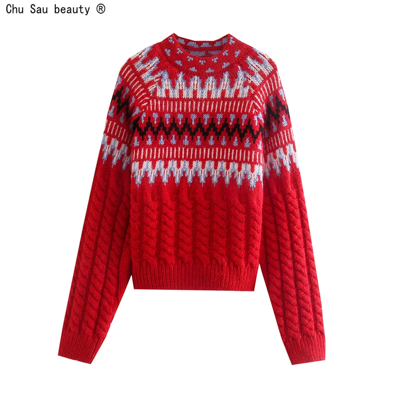

Autumn 2021 New Fashion Vintage Casual Women O-Neck Geometric Jacquard Long Sleeve A-Straight Knitted Sweater Pullover Female
